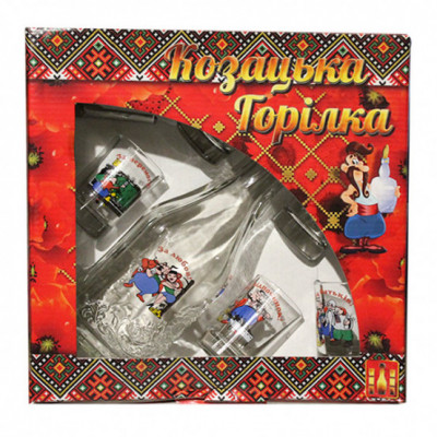 Графин 0,5 л Україна скло, прозорий та 6 стопок 50мл (Вишиванка, Козаки) под.уп.